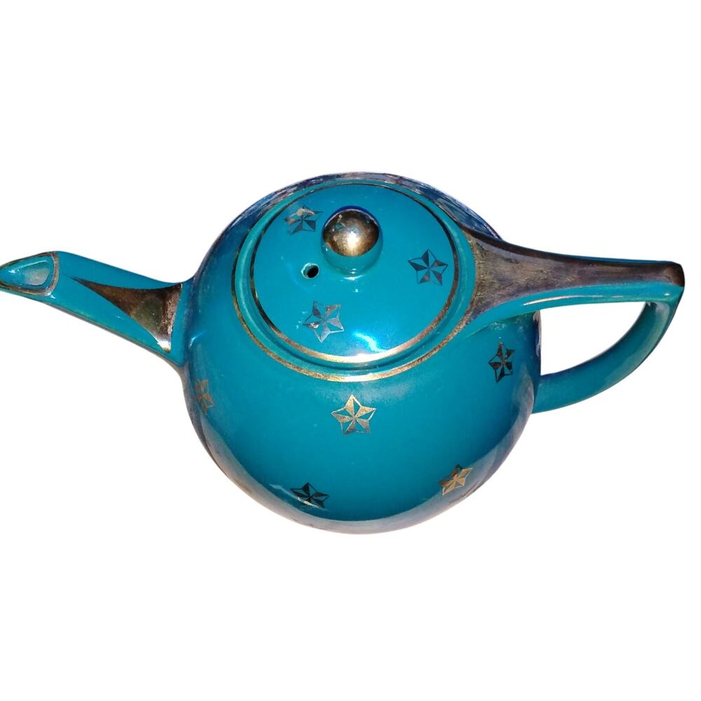 Hall Teal Enamel Teapot with Gold Star Motif  Mid-Century (1950s–1960s) Vintage - Picture 2 of 2
